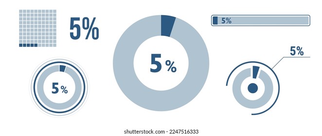 5 percent loading data icon set. Five circle diagram, pie donut chart, progress bar. 5% percentage infographic. Vector concept collection, blue color.