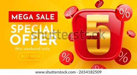 5 percent Off. 3d number 5. Sale banner. Vector illustration.