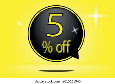 5 percent off black balloon and floating. with yellow background, banner 5% off yellow, shadow