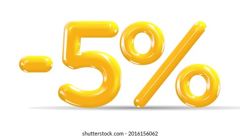 5 percent Off. Discount creative composition of golden or yellow balloons. 3d mega sale or five percent bonus symbol on white background. Sale banner and poster. Vector illustration.