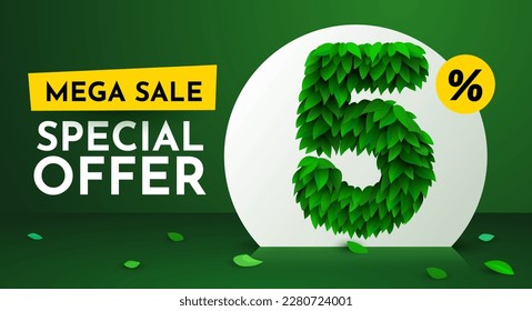 5 percent Off. Discount creative composition. Sale brochure with font made from leaves. Sale banner and poster. Vector illustration.