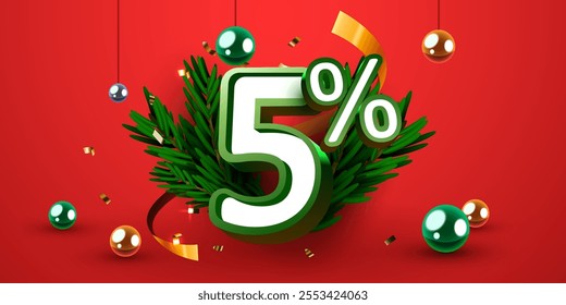 5 percent Off. Discount creative composition. Merry Christmas and Happy New Year. Sale banner and poster. Vector illustration.