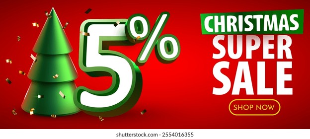 5 percent Off. Discount creative composition. Merry Christmas and Happy New Year. Sale banner and poster. Vector illustration.