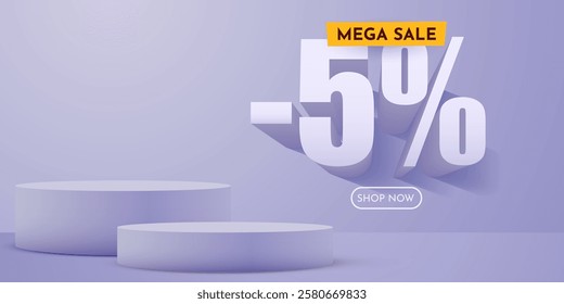 5 percent Off. Discount creative composition. Product presentation, mock up, podium. Sale banner and poster. Vector illustration.