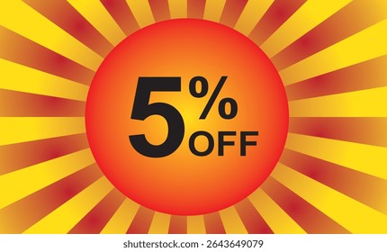 5 percent off. Discount on your price. Number in black color and background composed of a graphic element representing a sun with rays in red and yellow