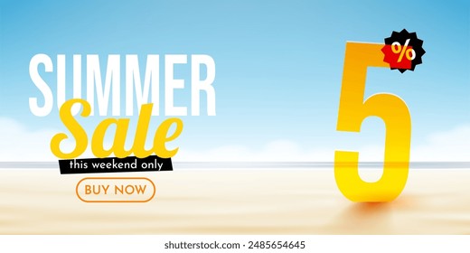 5 percent Off. Discount summer composition. Ocean beach. Sale banner and poster. Vector illustration.