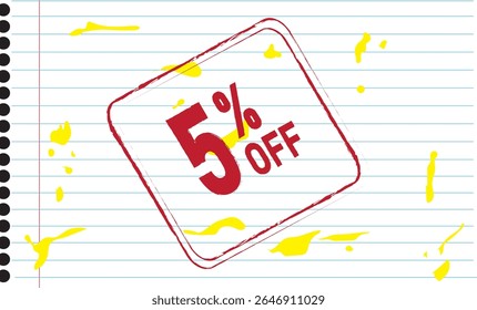 5 percent off. Discount for your sales. Background composed of the image of a blank notebook sheet with yellow ink stains and a red percentage represented by a