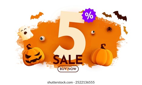 5% de desconto. Modelo de banner de venda de Halloween. Pódio e números com quantia de desconto. Oferta especial de outubro. Ilustração vetorial.