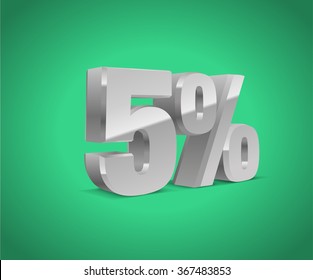 5% percent off, sale green background, silver-gray object 3D. Eps10 Vector.