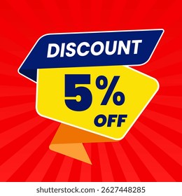 5 Percent Promotional Discount Banner Design with Yellow Balloon and Red Background for Sales, Offers, and Marketing Promotions