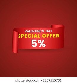 5 por ciento rojo elegante plantilla de banner de venta para el Día de San Valentín con una cinta roja realista de desplazamiento, una flecha y brillantes corazones rojos. Fondo rojo del vector