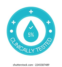 5% percentage clinically tested sign label vector art illustration. Blue Color isolated on white background.