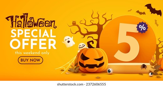 5 percents off. Halloween sale banner template. Podium and numbers with amount of discount. Special October offer. Vector illustration.