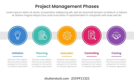 5 phase project management infographic template banner with big circle timeline right direction horizontal with 5 point list information for slide presentation vector