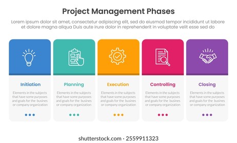 5 phase project management infographic template banner with round box table on horizontal direction with 5 point list information for slide presentation vector