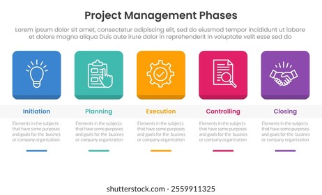 5 phase project management infographic template banner with round square box header and table with 5 point list information for slide presentation vector