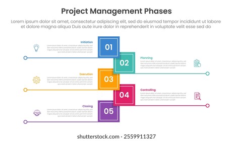 5 phase project management infographic template banner with vertical timeline shape square shape with line bottom with 5 point list information for slide presentation vector