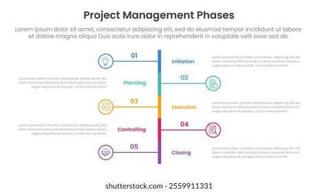 5 phase project management infographic template banner with vertical timeline stype left and right with 5 point list information for slide presentation vector