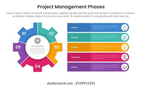 5 phase project management infographic template banner with big gear and round rectangle stack information with 5 point list information for slide presentation vector