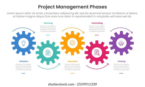 5 phase project management infographic template banner with timeline horizontal gear arrow movement with 5 point list information for slide presentation vector