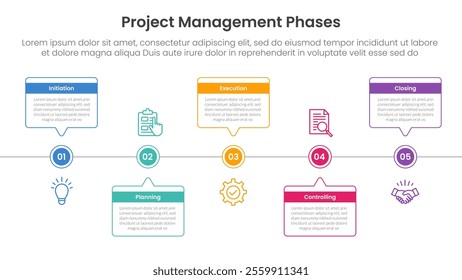 5 phase project management infographic template banner with timeline horizontal callout box with circle point with 5 point list information for slide presentation vector