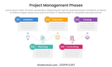 5 phase project management infographic template banner with timeline box table up and down with 5 point list information for slide presentation vector