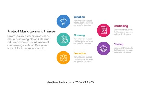 5 phase project management infographic template banner with big circle stack arrow structure with 5 point list information for slide presentation vector