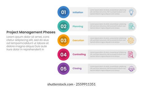 5 phase project management infographic template banner with round circle rectangle stack vertical with 5 point list information for slide presentation vector