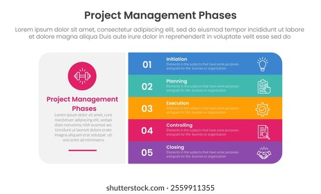 5 phase project management infographic template banner with big round rectangle box and vertical point stack with 5 point list information for slide presentation vector