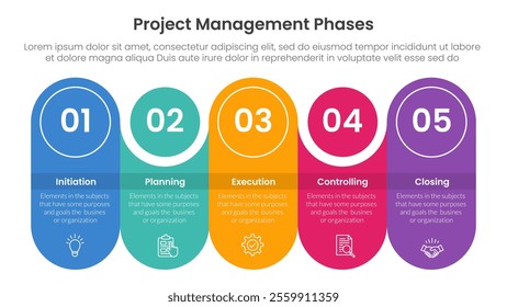 5 phase project management infographic template banner with round rectangle with circle combination timeline with 5 point list information for slide presentation vector