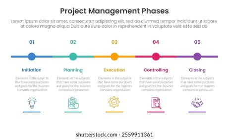 5 phase project management infographic template banner with timeline small circle point horizontal with 5 point list information for slide presentation vector