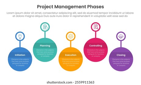 5 phase project management infographic template banner with timeline big circle outline badge up and down with 5 point list information for slide presentation vector