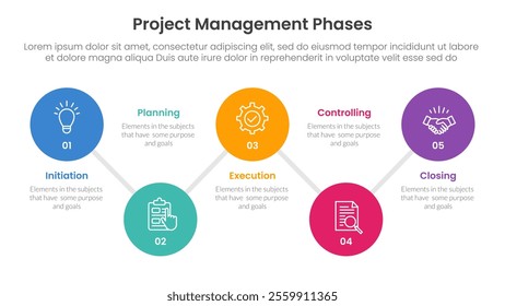 5 phase project management infographic template banner with timeline big circle connection line up and down with 5 point list information for slide presentation vector