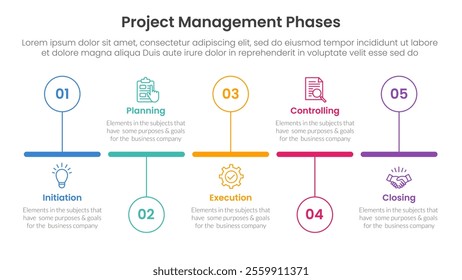 5 phase project management infographic template banner with timeline circle up and down horizontal with 5 point list information for slide presentation vector