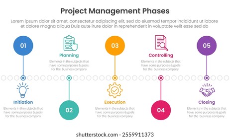 5 phase project management infographic template banner with timeline circle point up and down with 5 point list information for slide presentation vector