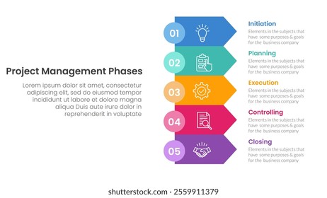 5 phase project management infographic template banner with rectangle arrow stack with 5 point list information for slide presentation vector