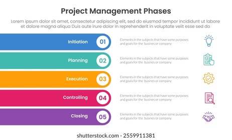 5 phase project management infographic template banner with rectangle round stack vertical with 5 point list information for slide presentation vector