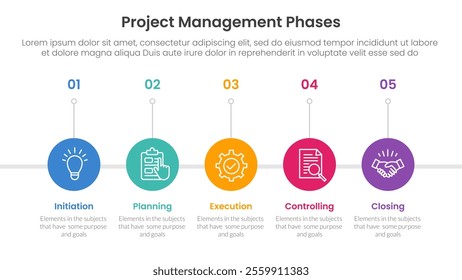 5 phase project management infographic template banner with stack, rectangle, arrow, creative, variations, vertical, arrows with 5 point list information for slide presentation vector