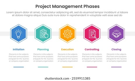 5 phase project management infographic template banner with honeycomb hexagon shape horizontal with 5 point list information for slide presentation vector