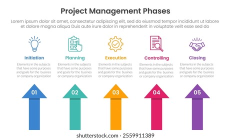 5 phase project management infographic template banner with arrow shape top direction with 5 point list information for slide presentation vector