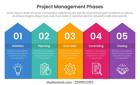 5 phase project management infographic template banner with long rectangle top arrow with 5 point list information for slide presentation vector