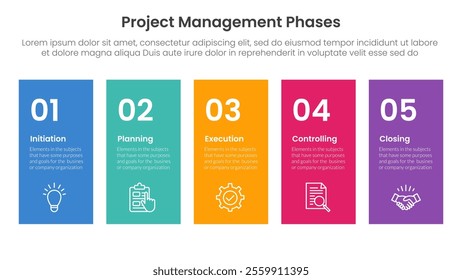 5 phase project management infographic template banner with height rectangle shape balance with 5 point list information for slide presentation vector