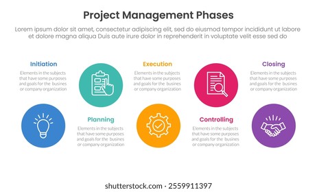 5 phase project management infographic template banner with big circle timeline ups and down with 5 point list information for slide presentation vector