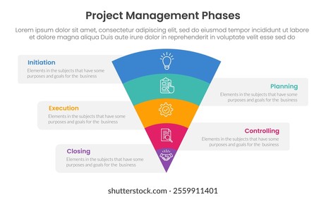 5 phase project management infographic template banner with funnel bending on center with 5 point list information for slide presentation vector