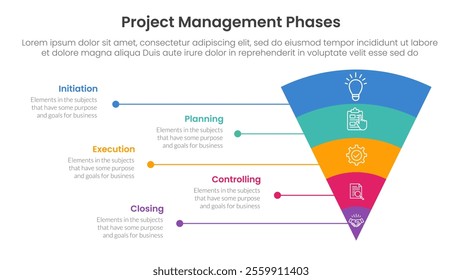 5 phase project management infographic template banner with funnel bending round v shape and line network with 5 point list information for slide presentation vector