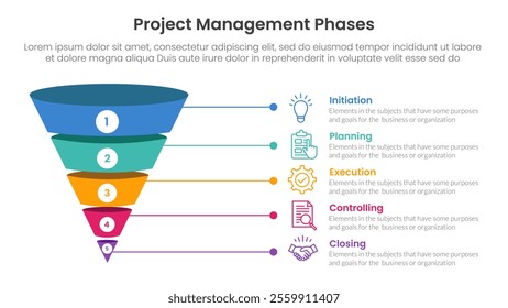 5 phase project management infographic template banner with funnel 3d shadow dimension shape with 5 point list information for slide presentation vector