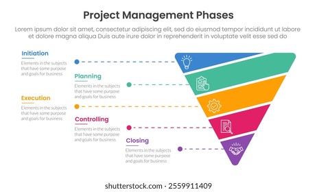 5 phase project management infographic template banner with funnel cutted or sliced shape with 5 point list information for slide presentation vector