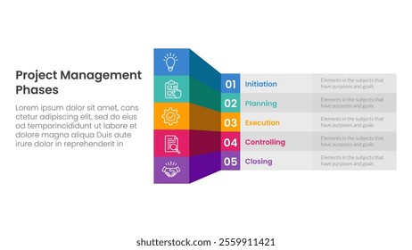 5 phase project management infographic template banner with creative box table shadow 3d style with 5 point list information for slide presentation vector