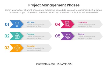 5 phase project management infographic template banner with arrow on rectangle box right direction with 5 point list information for slide presentation vector