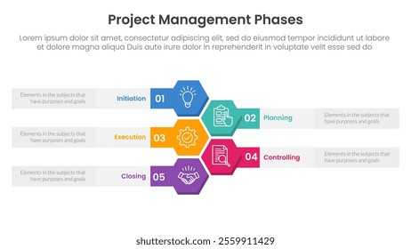 5 phase project management infographic template banner with honeycomb or hexagon vertical with 5 point list information for slide presentation vector